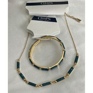 Chaps Gold-Tone Teal Stone Statement Necklace & Stretch Bracelet Set